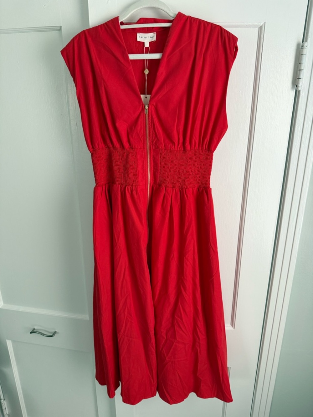 Entro Bright Red V-Neck Zip-Front Smocked Midi Dress